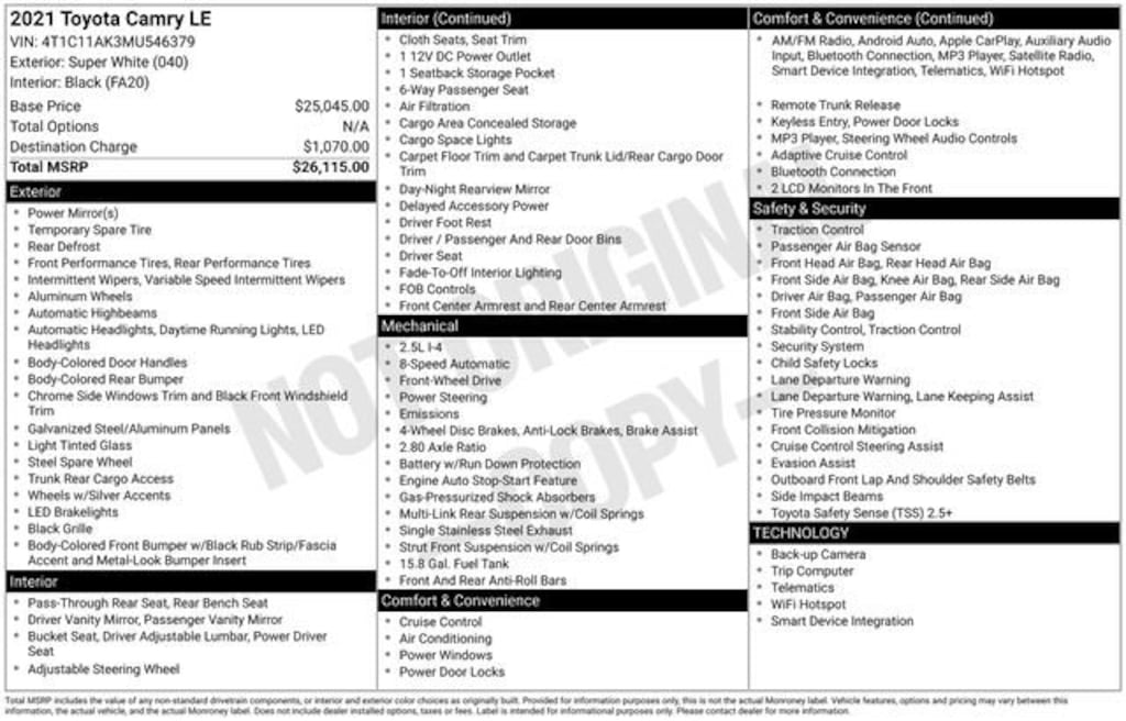Used 2021 Toyota Camry LE Sedan