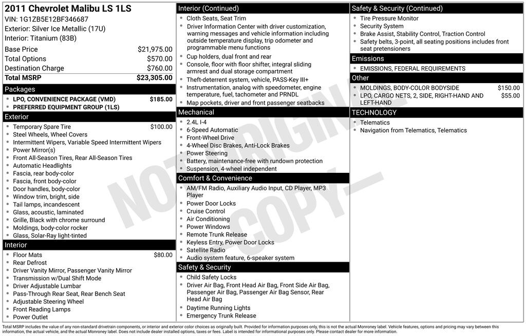 Used 2011 Chevrolet Malibu LS Sedan