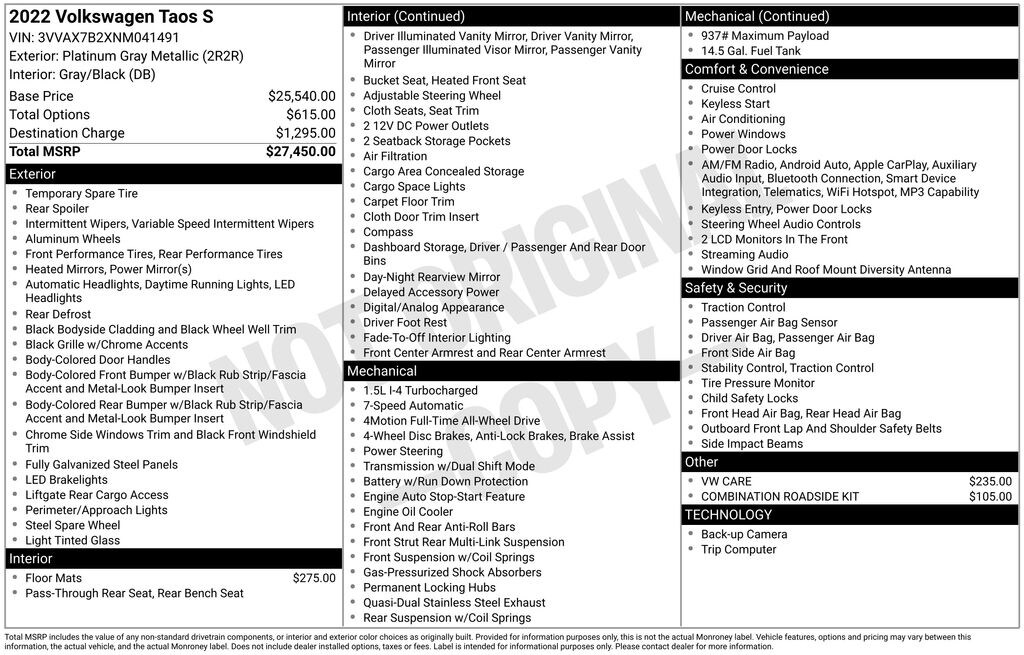 Used 2022 Volkswagen Taos 1.5T S 4MOTION SUV