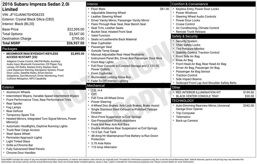 Used 2016 Subaru Impreza 2.0i Limited Sedan