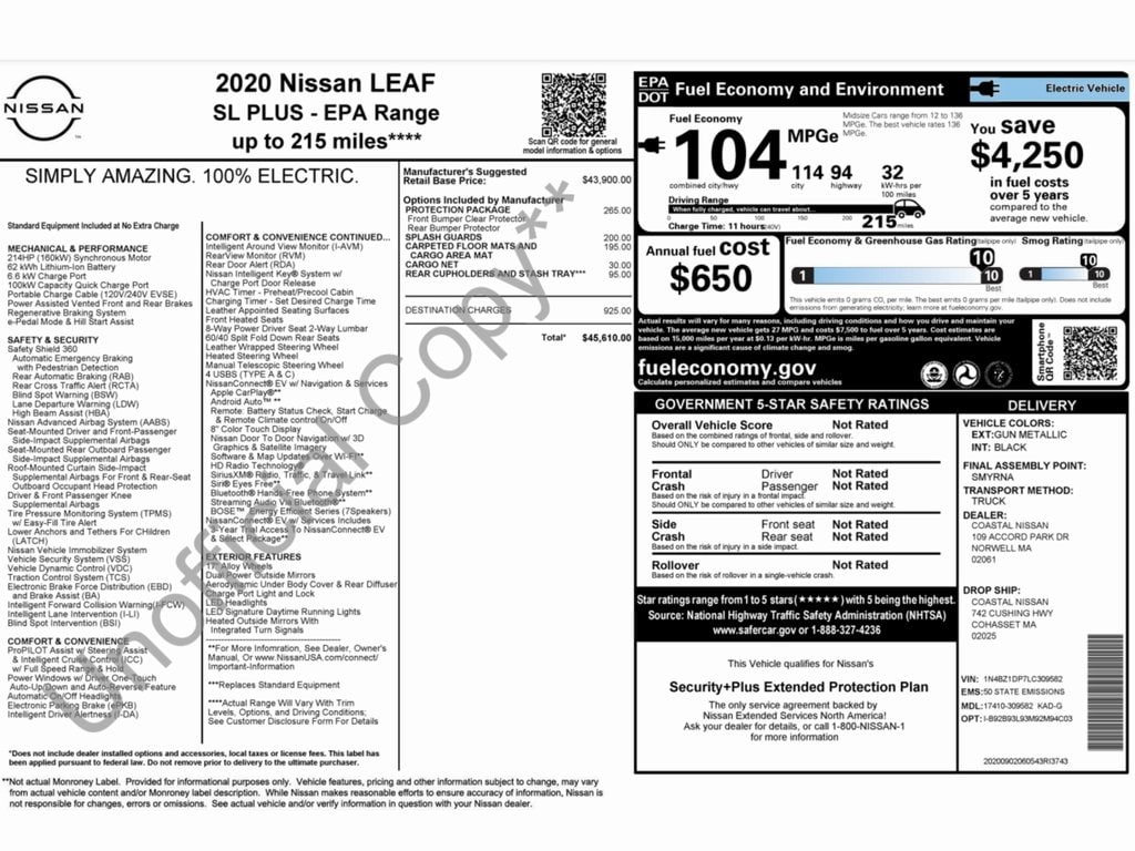 Used 2020 Nissan Leaf SL Plus with VIN 1N4BZ1DP7LC309582 for sale in Trooper, PA