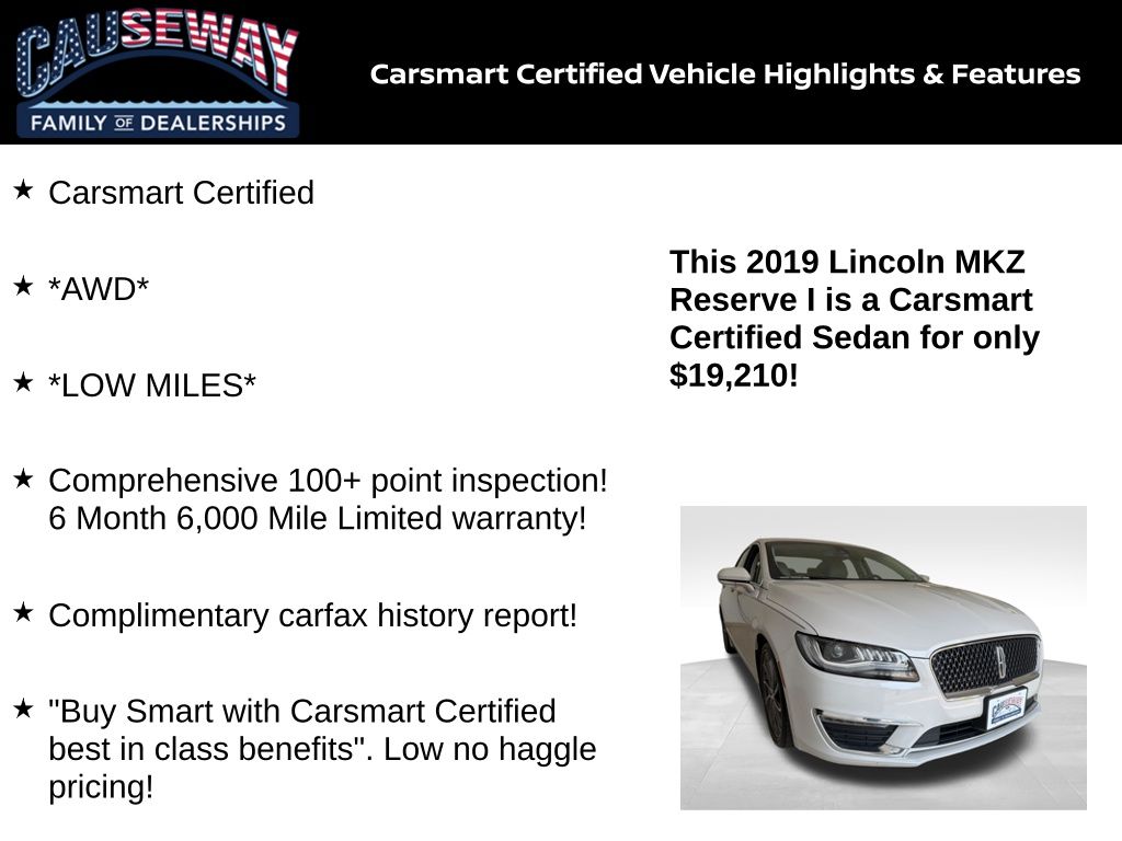 Certified 2019 Lincoln MKZ Reserve I with VIN 3LN6L5D95KR630649 for sale in Stafford Township, NJ