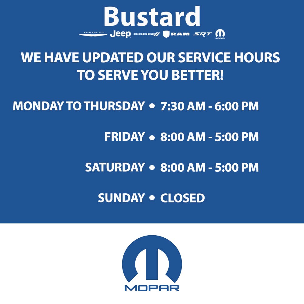 Bustard Chrysler Waterloo >> Bustard Chrysler Updated Service Hours Bustard Chrysler Dodge Jeep Bustard Chrysler Waterloo >> Bustard Chrysler Updated Service Hours Bustard Chrysler Dodge Jeep