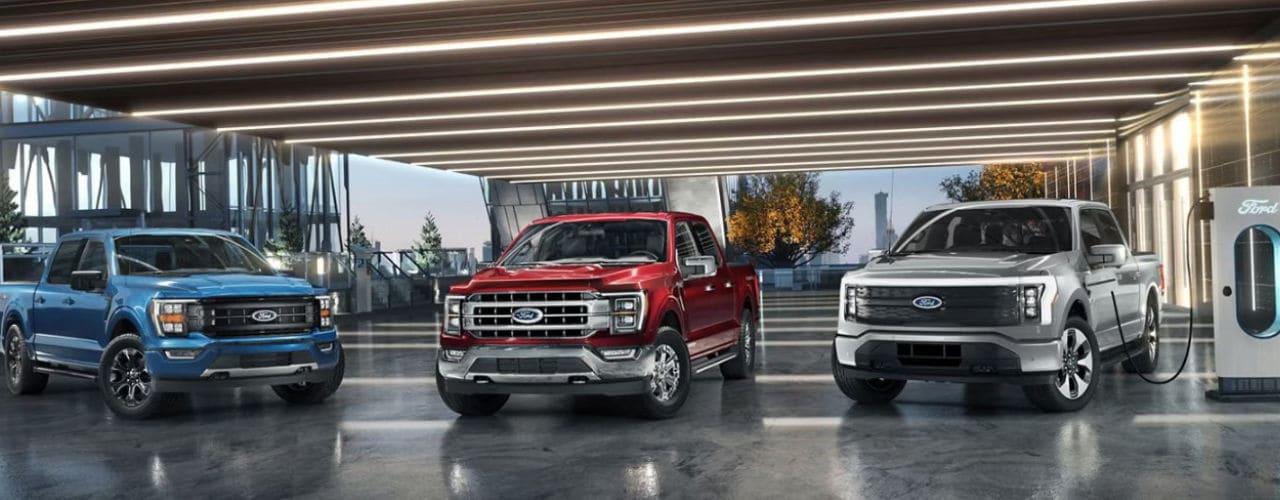 trio of F-150 2023 inside a modern building