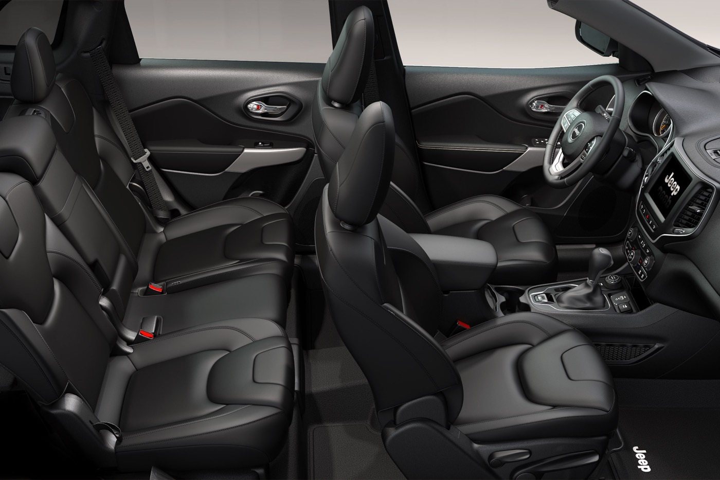 Interior of a 2022 Jeep Cherokee Limited including its black leather upholstery and all its amenities