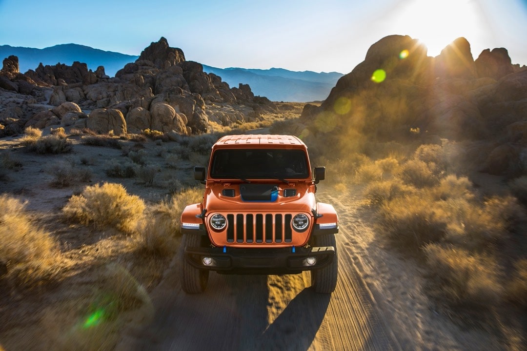 vue frontale d'un Jeep Wrangler 2023 sur un sentier de terre