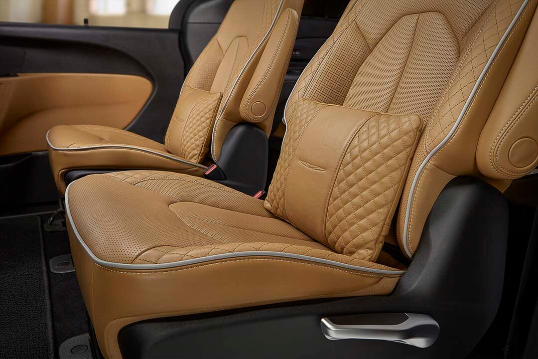 Caramel nappa leather upholstery with perforated inserts of a Pacifica hybrid