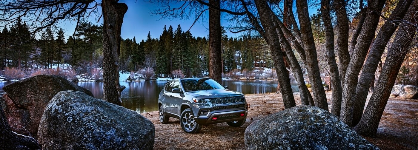 three quarter front view of the 2022 Jeep Compass Trailhawk