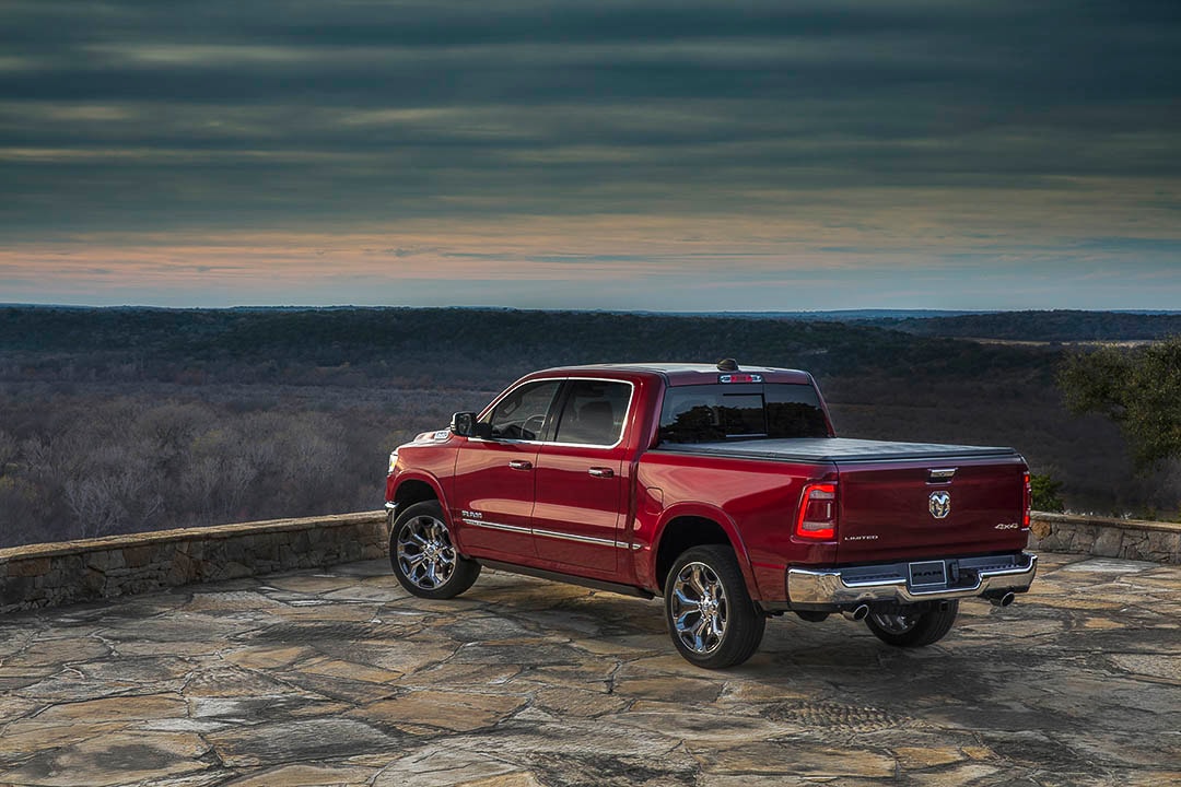 three quarter rear view of the 2021 RAM 1500 Limited