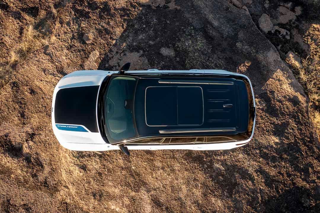 top down view of the 2022 Jeep Grand Cherokee 4xe and it's glass roof