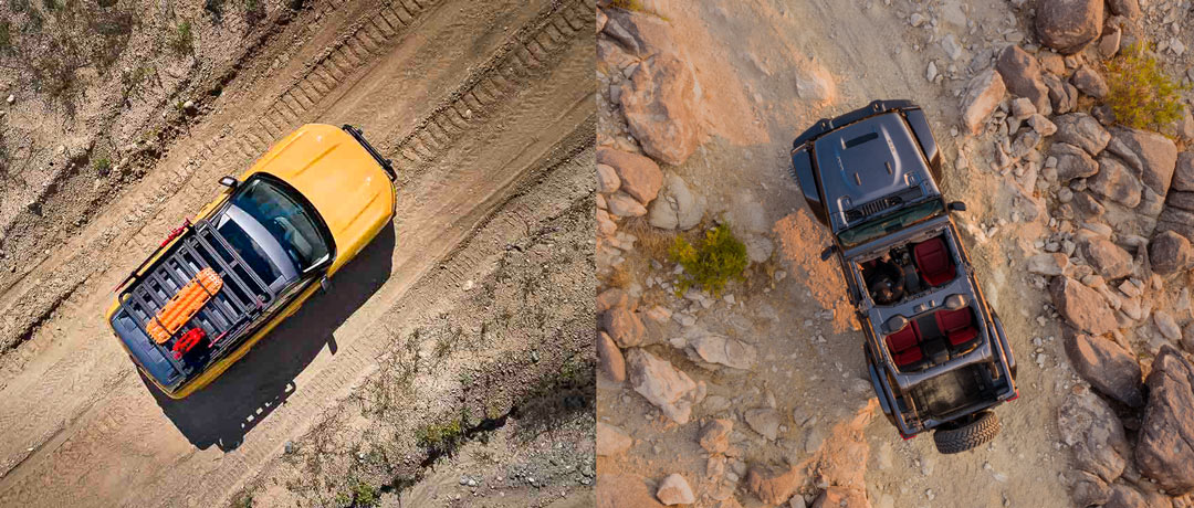 Comparatif entre le Ford Bronco 2021 (gauche) et le Jeep Wrangler 2021 (droite)