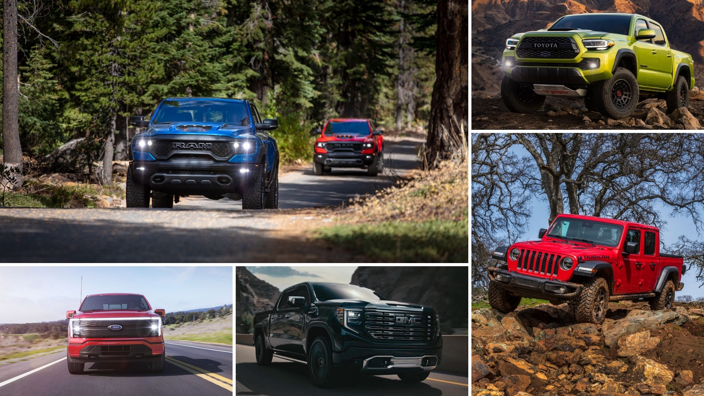 Gamme de 5 pick-up 2022 incluant les RAM 1500 TRX, le Jeep Gladiator, Ford F-150, Toyota Tacoma et le GMC Sierra 1500