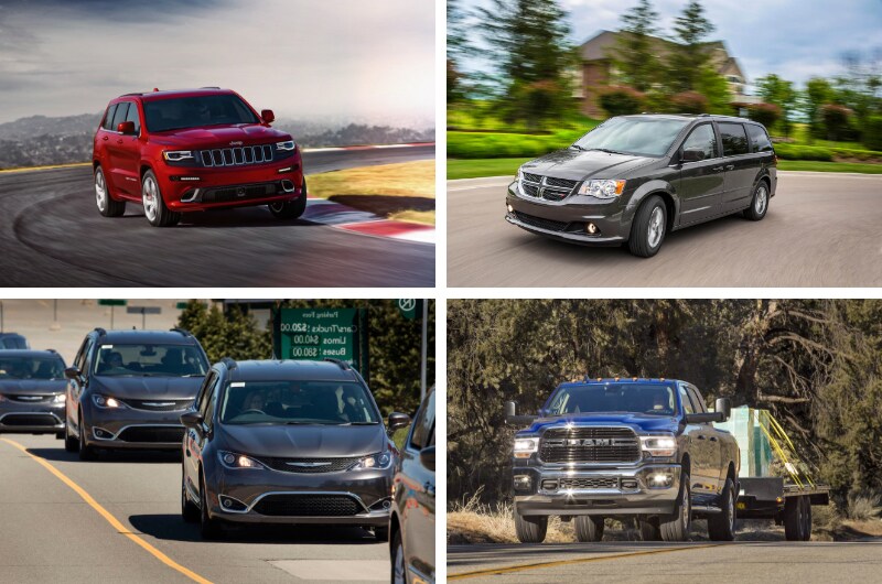 montage photo de 4 vehicules usagés Chrysler, Jeep, Dodge et Ram