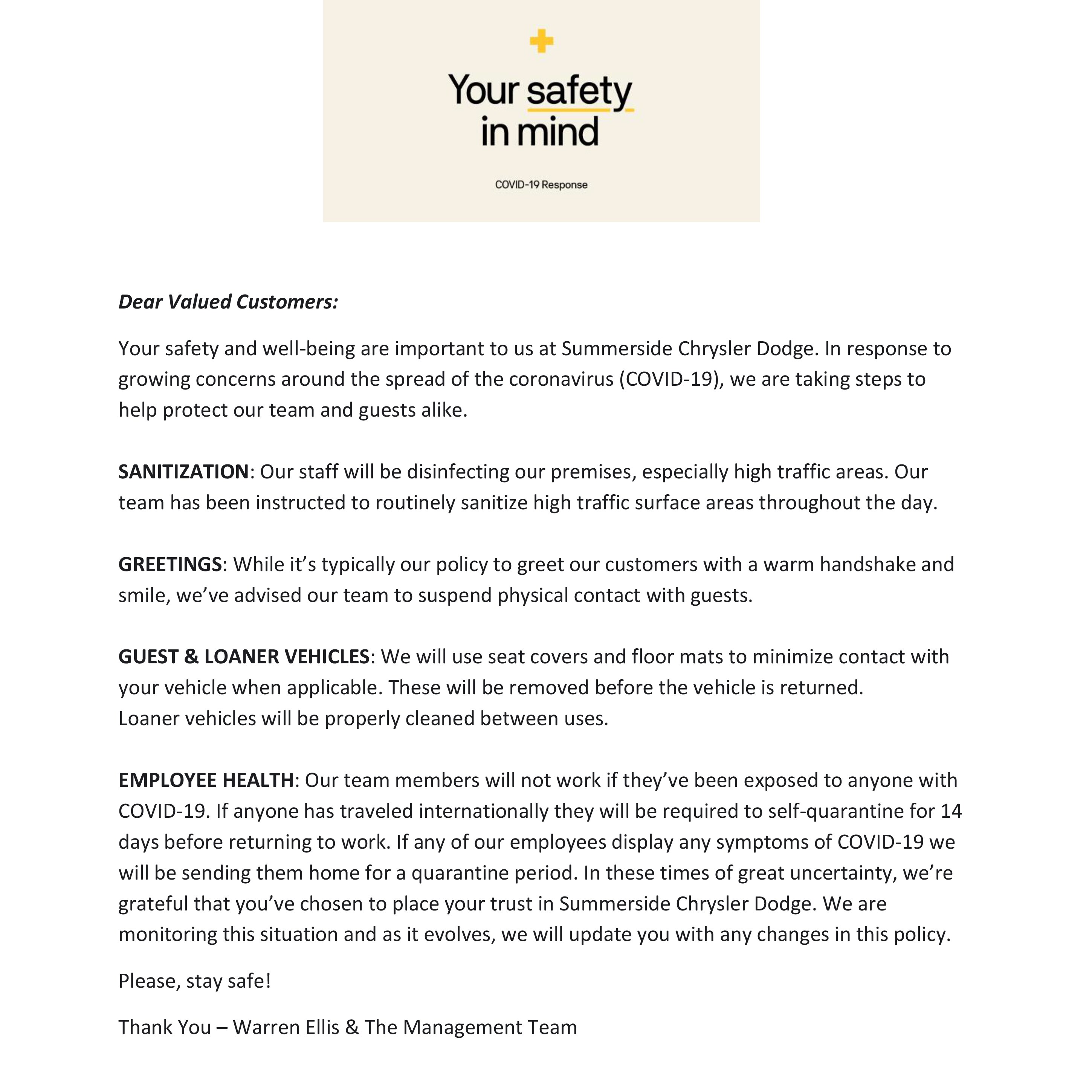 Your Safety in Mind - Summerside 
Chrysler Dodge
