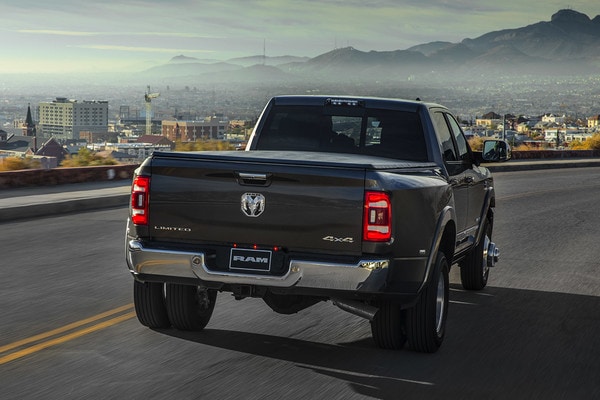 2020 Ram 3500 exterior feature rear view with city mountain landscape