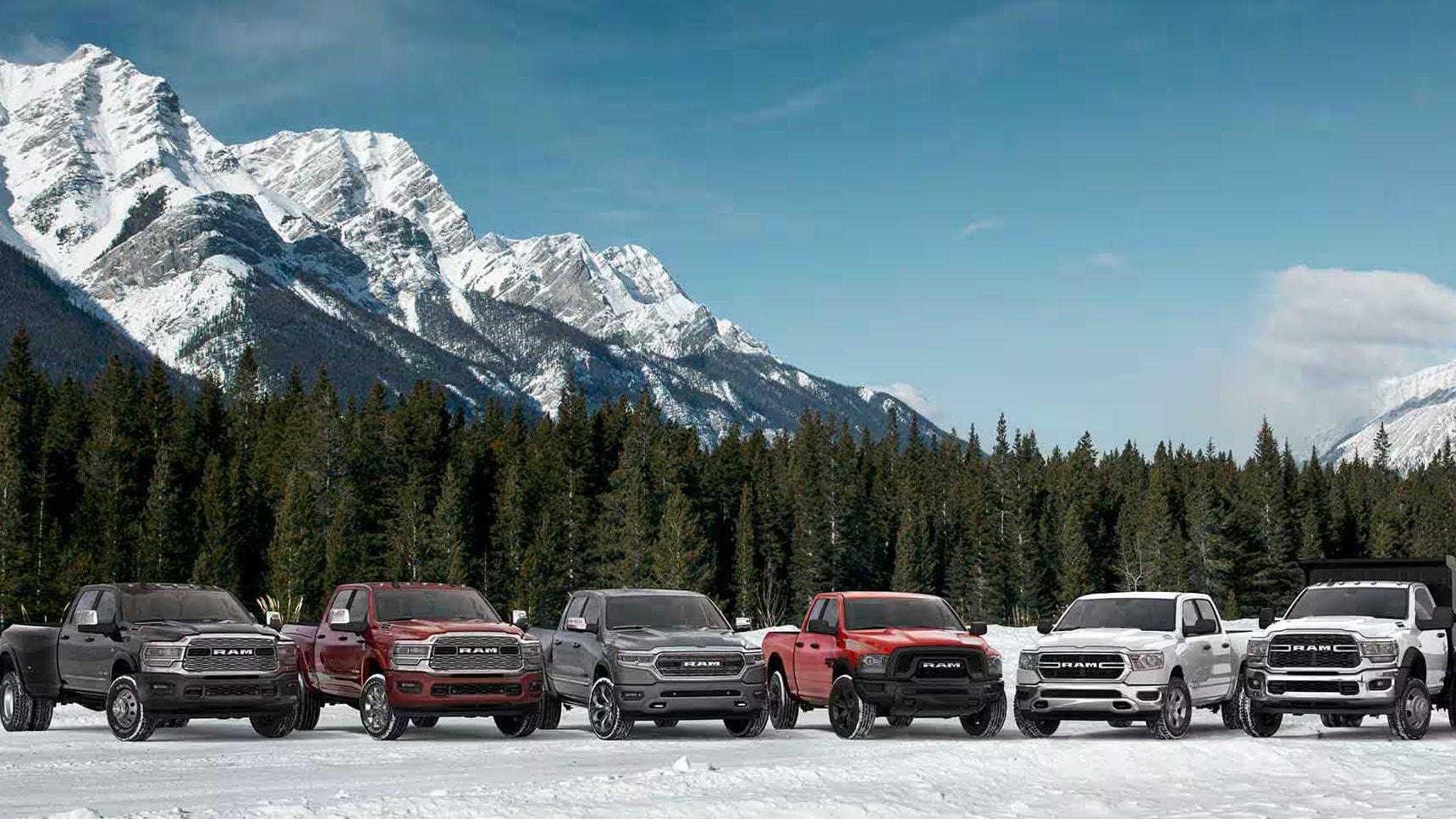A lineup of Ram Trucks in the snow