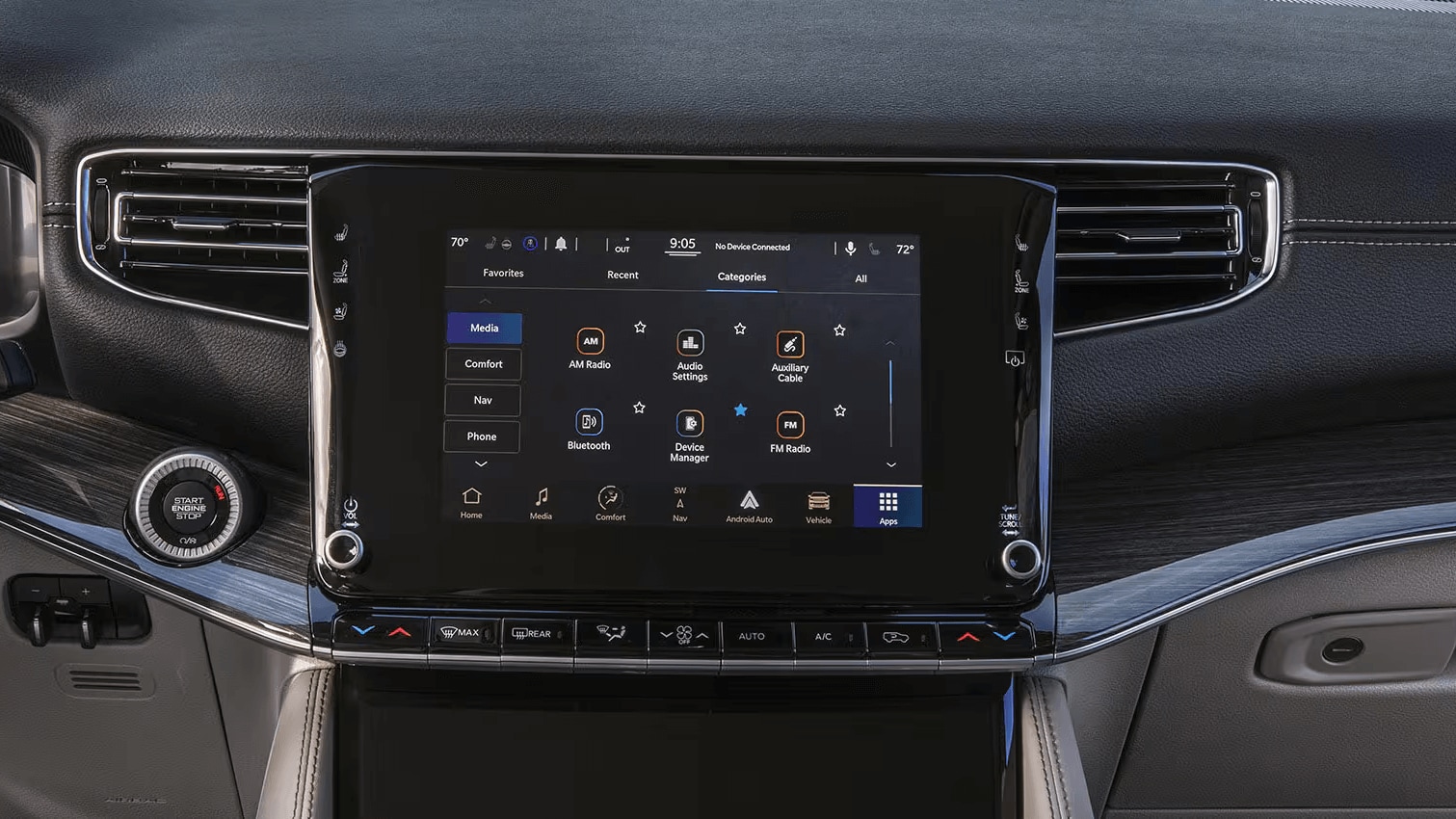 Learn about the technology features of the Jeep Wagoneer Close up shot of the infotainment touchscreen inside the Jeep Wagoneer