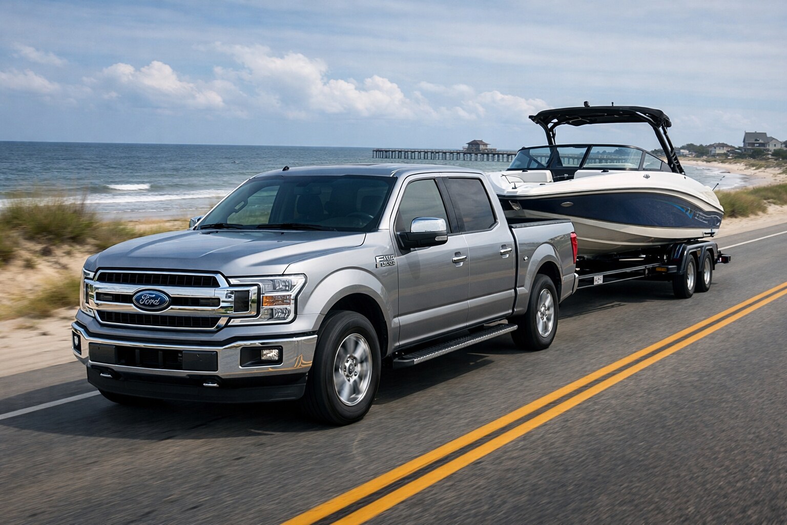 Ford F-150 towing boat near North Carolina coast