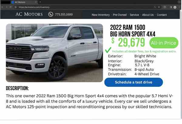 Vehicle listing showing clear all-in pricing with no dealer fees for a transparent car buying experience in Vermont