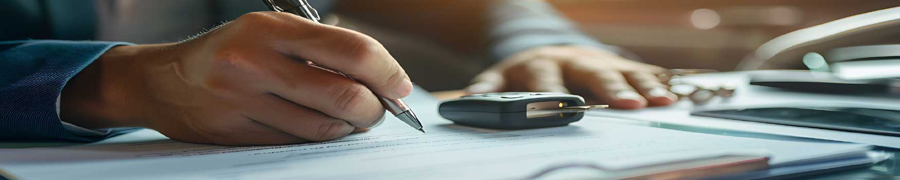 Customer reviewing used car financing paperwork at Vermont dealership.