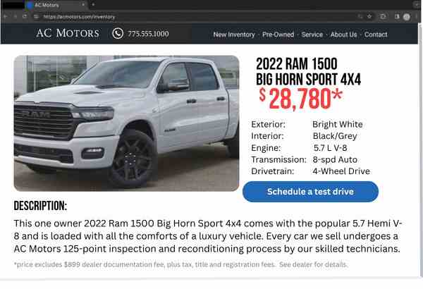 Vehicle listing showing advertised price with additional dealer documentation fee disclosed separately for Vermont car buyers