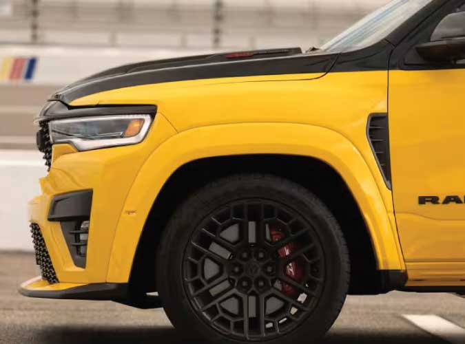Side profile of the 2027 Ram 1500 Rumble Bee showing its street-truck stance and bold Ram pickup styling.
