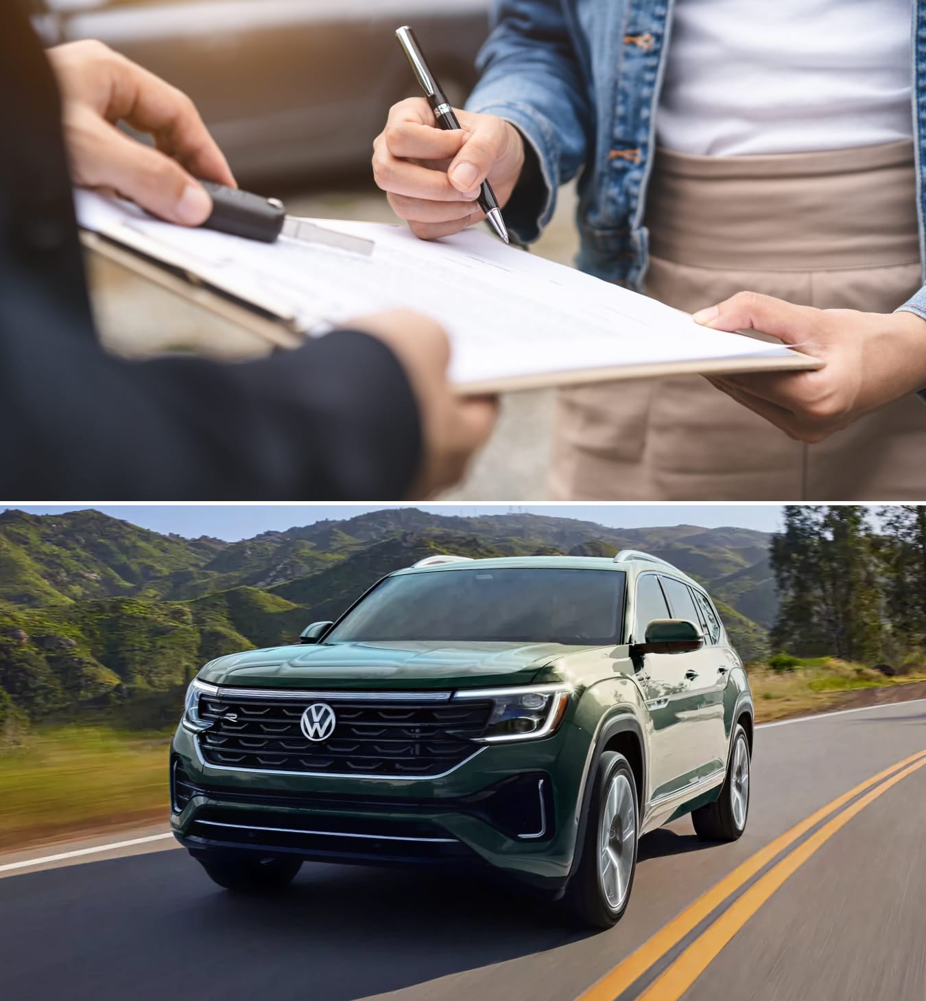 A person signs a document with a pen, symbolizing a car deal. Below, a 2026 Volkswagen Atlas drives on a scenic road with mountains in the background.