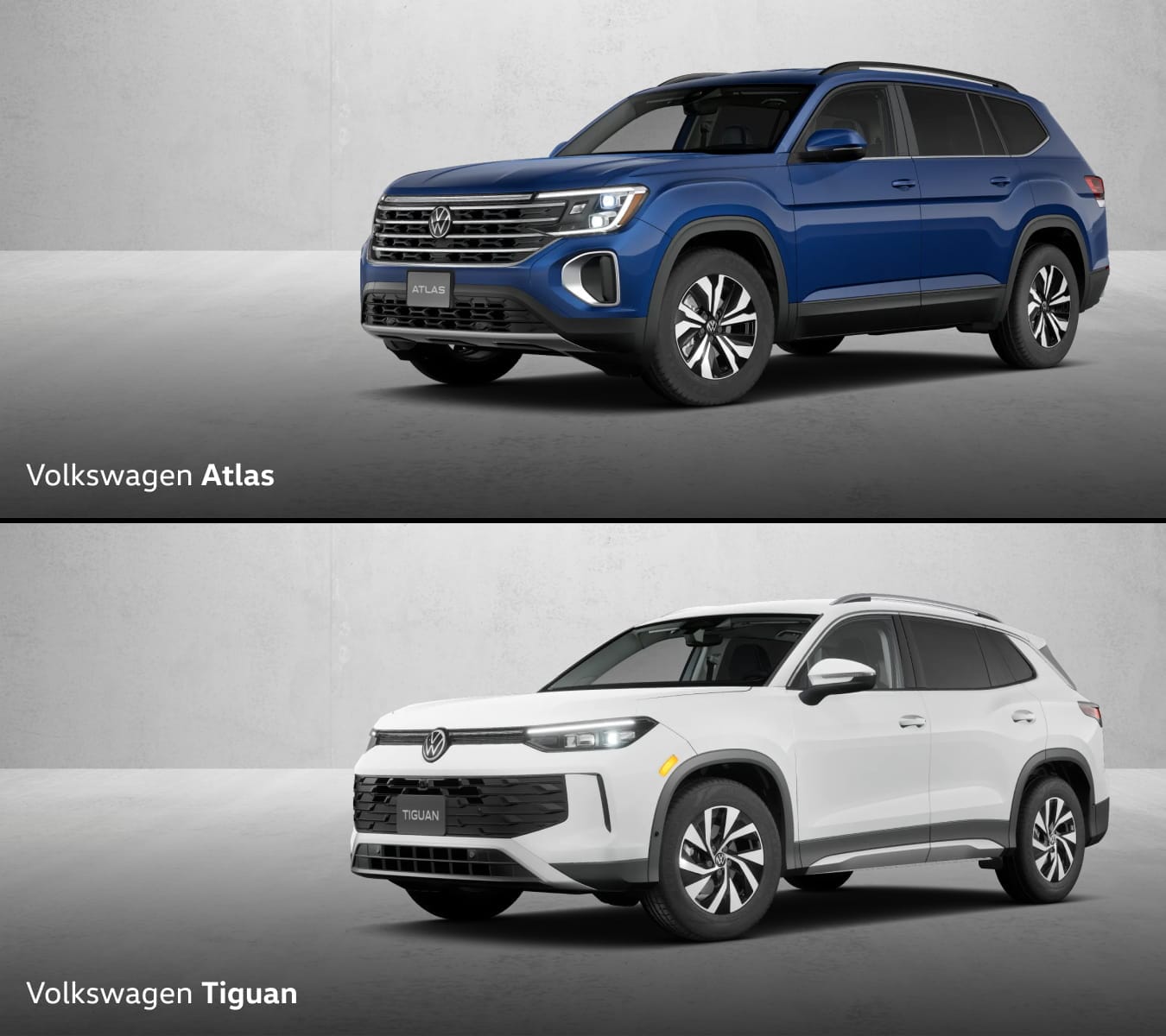 Top image shows a 2026 Volkswagen Atlas with sleek design in a gray showroom. Below is a 2026 Volkswagen Tiguan, stylish with sharp lines.