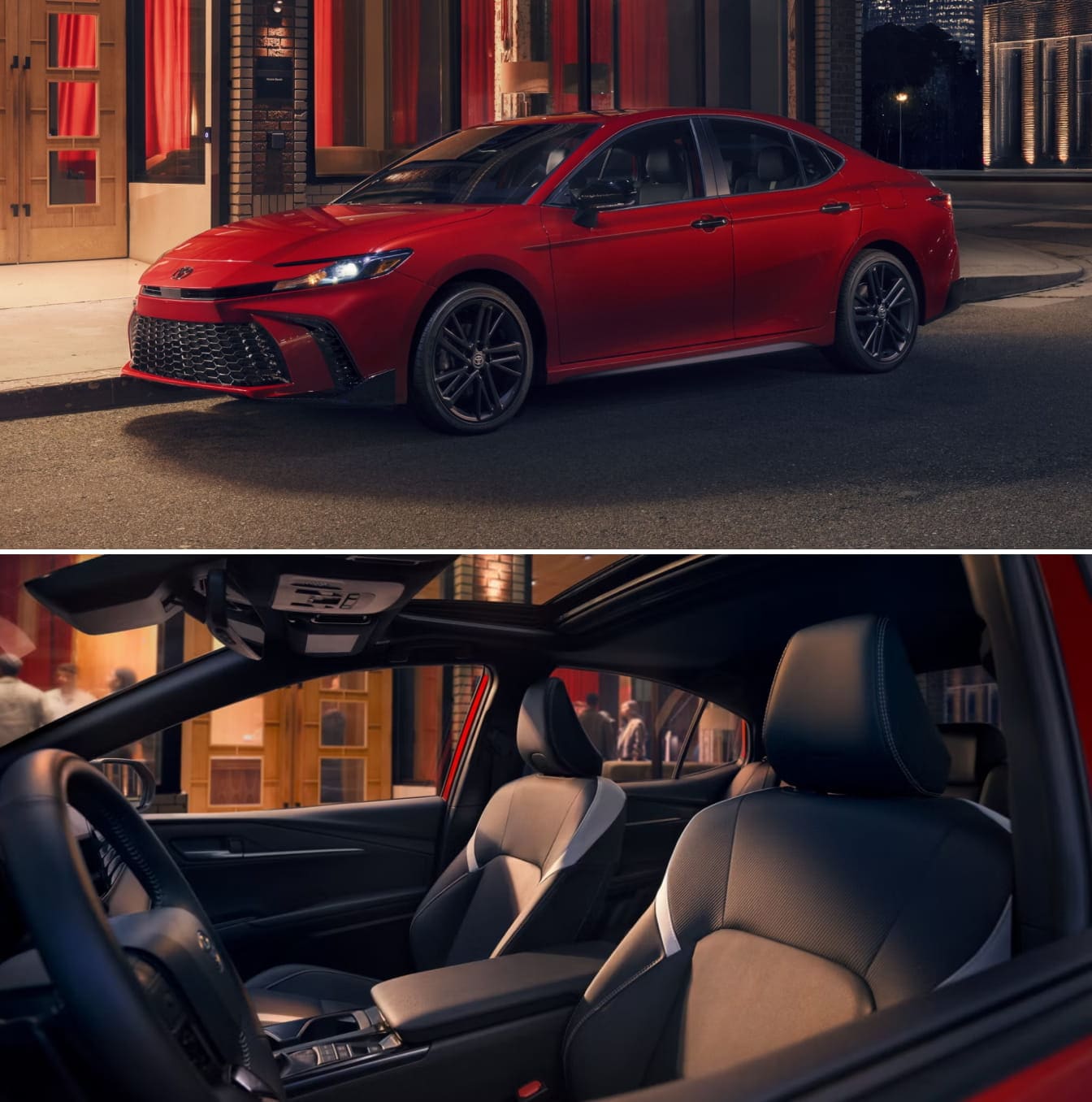 2026 Toyota Camry Nightshade in Supersonic Red parked on a city street at night under warm streetlights. Interior shown with Black mixed-media trim.