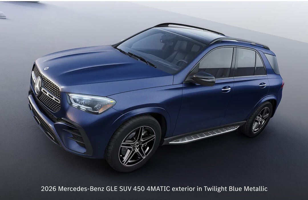 High-angle view of 26 Mercedes-Benz GLE SUV 450 4MATIC in Twilight Blue Metallic in a minimalist studio setting.