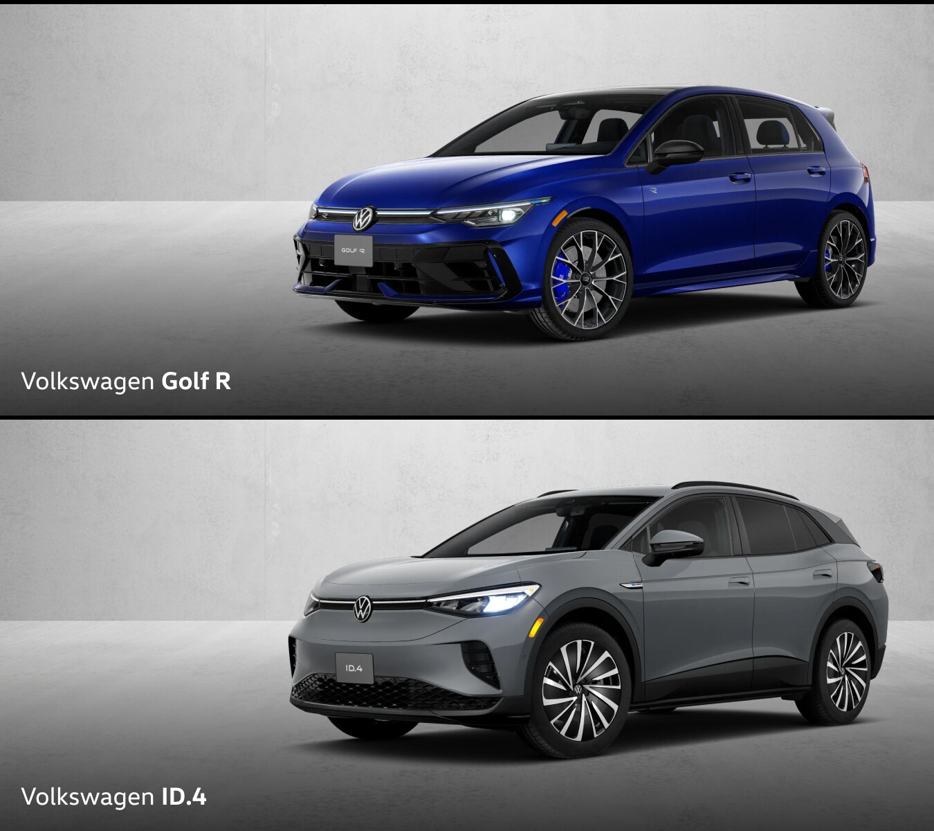 Split image of two Volkswagen cars. Top: 2026 Golf R, sporty design. Bottom: 2026 ID.4, sleek and modern. Both set in a neutral showroom.