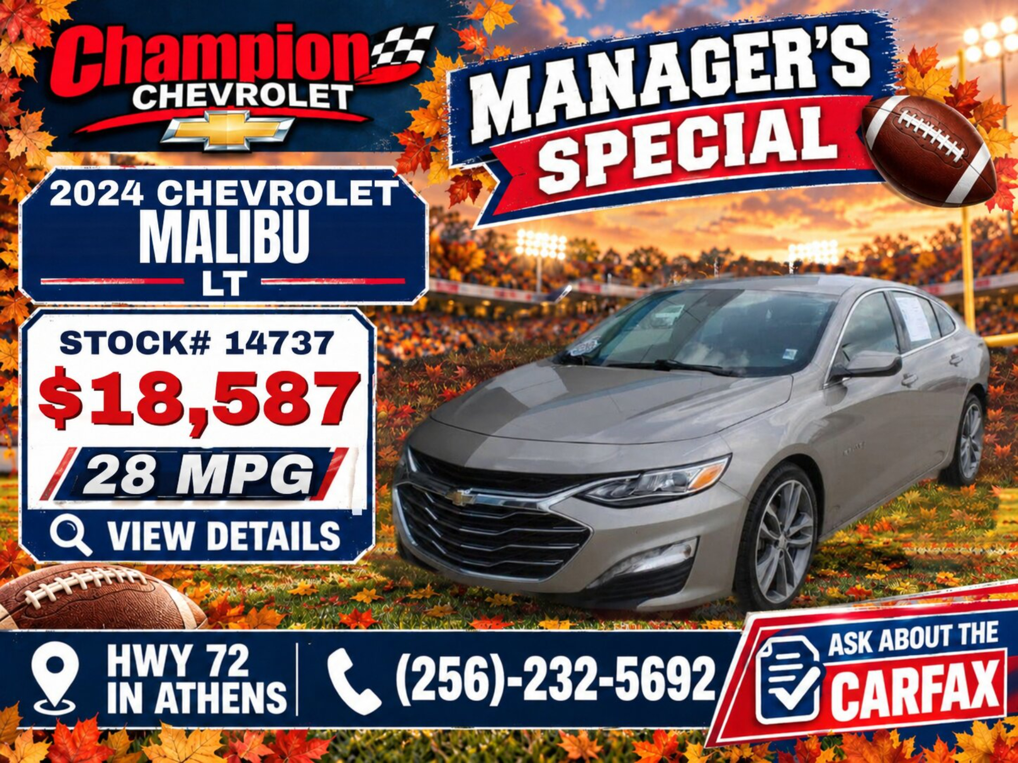 2024 Chevrolet Malibu LT, Stock #14737 - Managers Special at Champion Chevrolet HWY 72 in Athens, AL