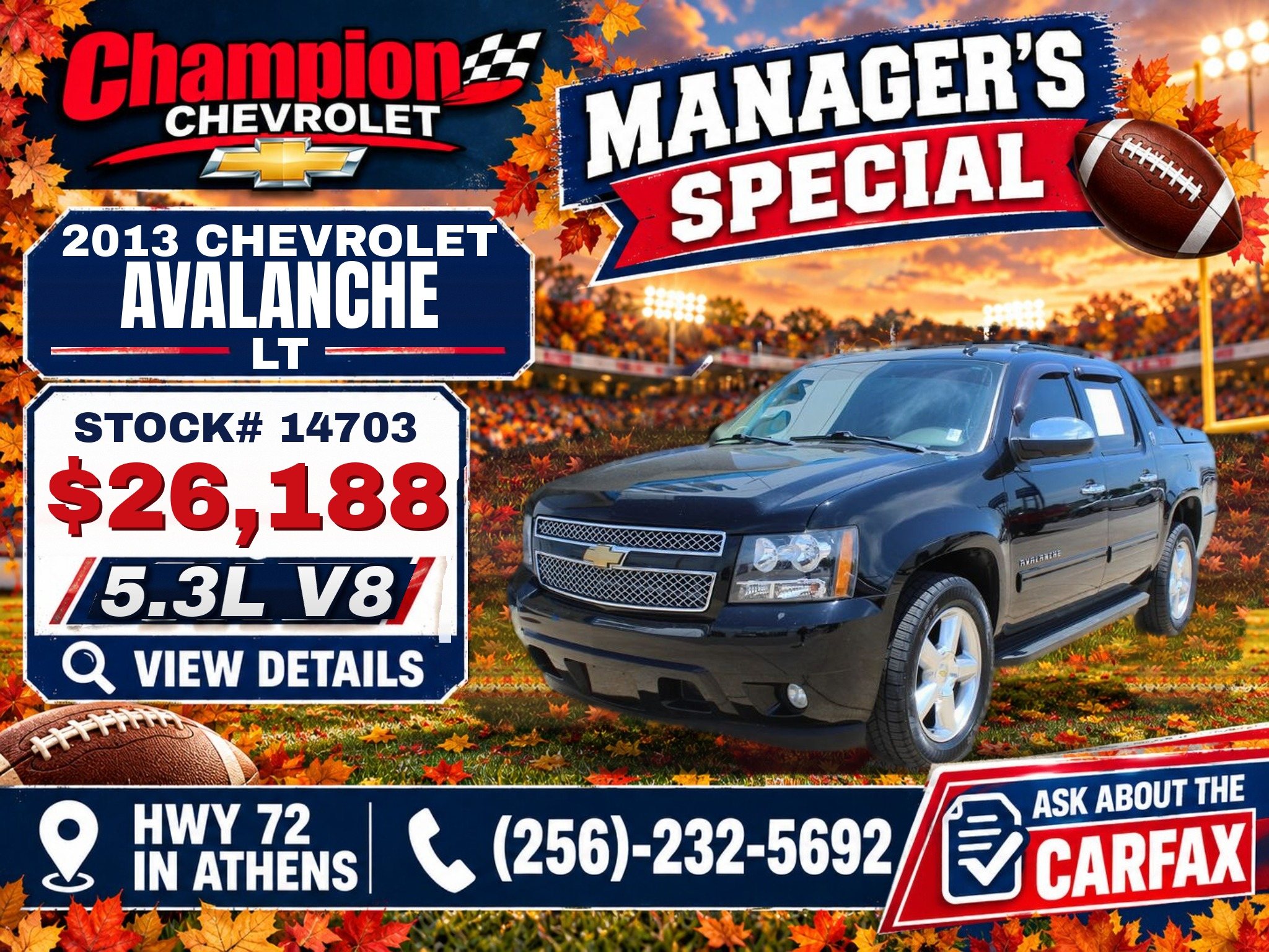 2013 Chevrolet Avalanche LT, Stock #14703 - Managers Special at Champion Chevrolet HWY 72 in Athens, AL