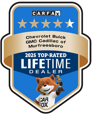 4.5 Stars Carfax 2025 Top Rated Lifetime Dealer CARFAX 2025 Top‑Rated Lifetime Dealer for Chevrolet Buick GMC of Murfreesboro, Tennessee.