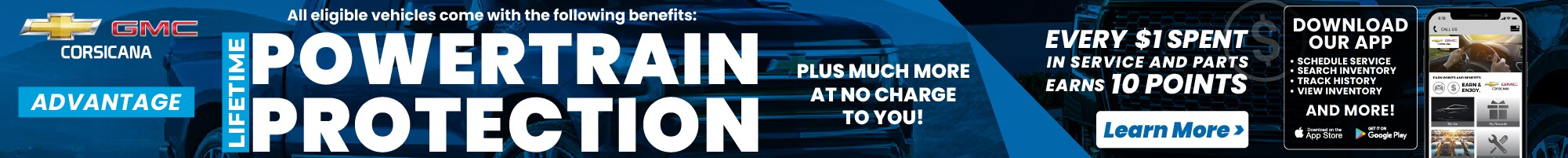 Chevrolet GMC of Corsicana Advantage Program banner highlighting Lifetime Powertrain Protection, no-cost benefits, rewards points for service and parts, and mobile app download.