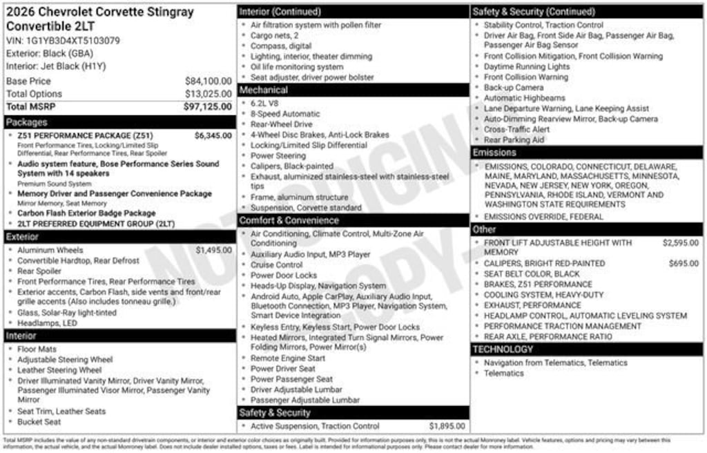 New 2026 Chevrolet Corvette Stingray 2LT Convertible