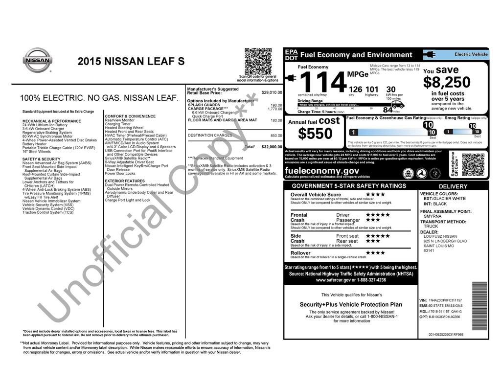 Used 2015 Nissan Leaf S