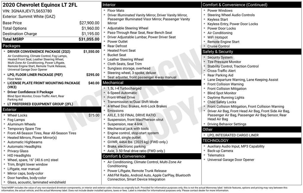 Used 2020 Chevrolet Equinox 2FL with VIN 3GNAXJEV7LS653780 for sale in Norwalk, IA