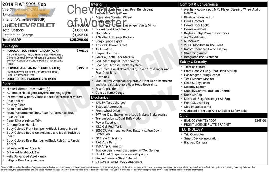 Used 2019 FIAT 500L Pop with VIN ZFBNFAAH7KZ042410 for sale in Wooster, OH