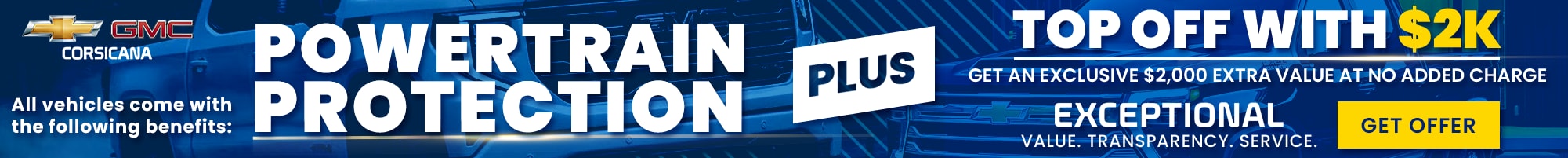 Chevrolet GMC of Corsicana Advantage Program banner highlighting Lifetime Powertrain Protection, no-cost benefits, rewards points for service and parts, and mobile app download.