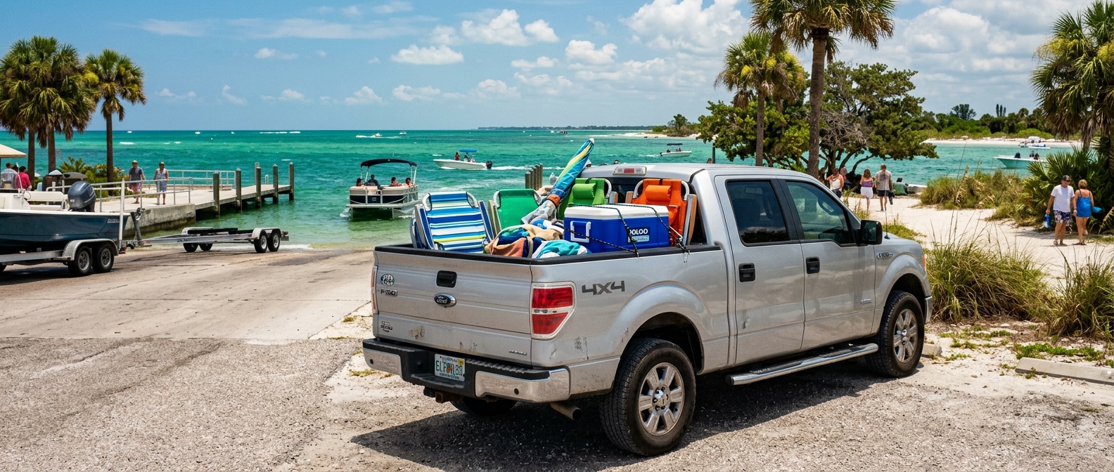 A used crew-cab pickup truck, silver or white, loaded with beach chairs and a cooler in the bed, parked near a Florida Gulf Coast boat ramp on a sunny summer day with emerald-green water in the background