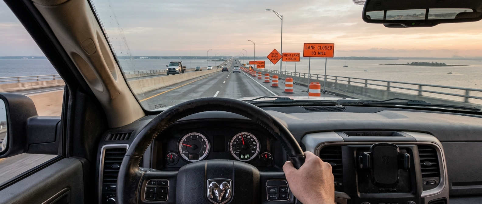 Heavy-duty pickup truck crossing the Hathaway Bridge on US-98 during morning commute from Panama City Beach to Panama City, FL