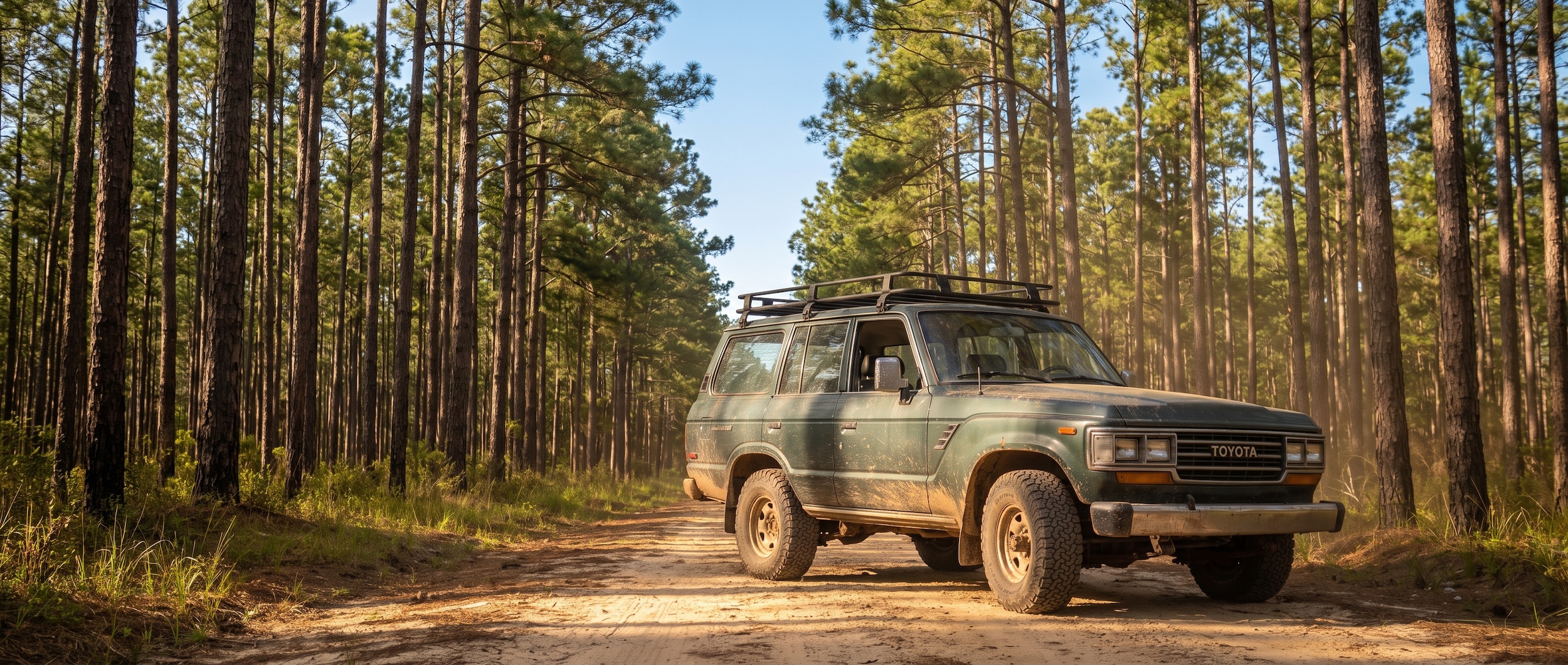 A rugged used 4x4 SUV on a sandy pine-lined forest trail in northwest Florida, shot in warm August afternoon light, with tall longleaf pines framing the dirt path and a clear blue sky above