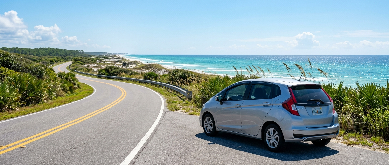 Budget used compact car on a Gulf Coast highway near Cape San Blas, Florida
