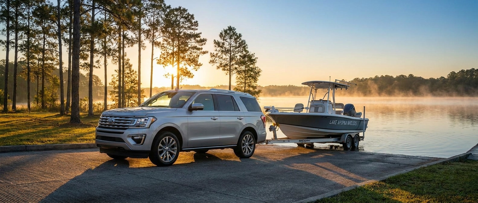2027 Ford Expedition backing a boat trailer at Deer Point Lake boat ramp near Panama City FL at sunrise
