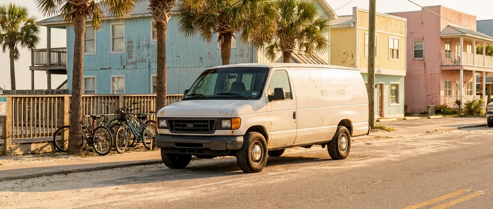 Used work van parked on a sunny 30A coastal street near Seaside, Florida, Gulf Coast summer