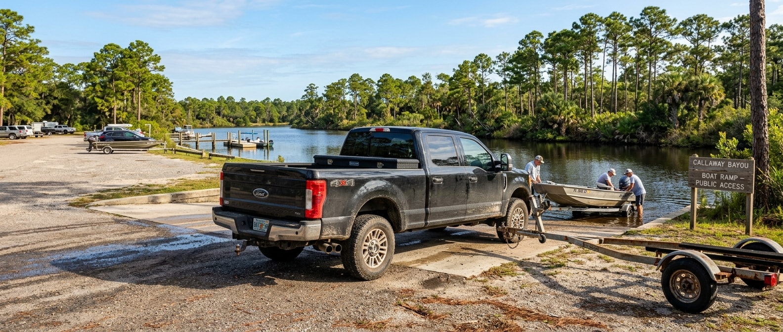Used pickup truck at an East Bay boat ramp near Callaway, FL, ready for coastal Gulf Coast driving in 2026
