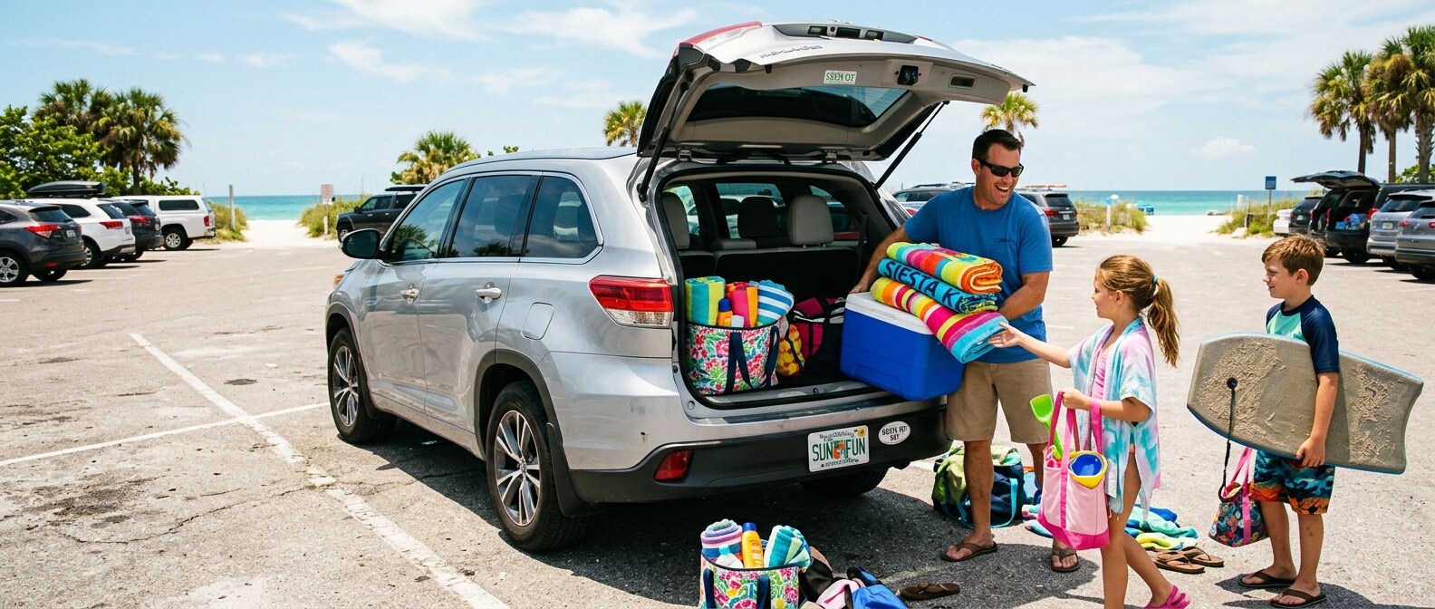 Family loading gear into a used three-row SUV before a summer waterpark day trip in Panama City Beach, FL