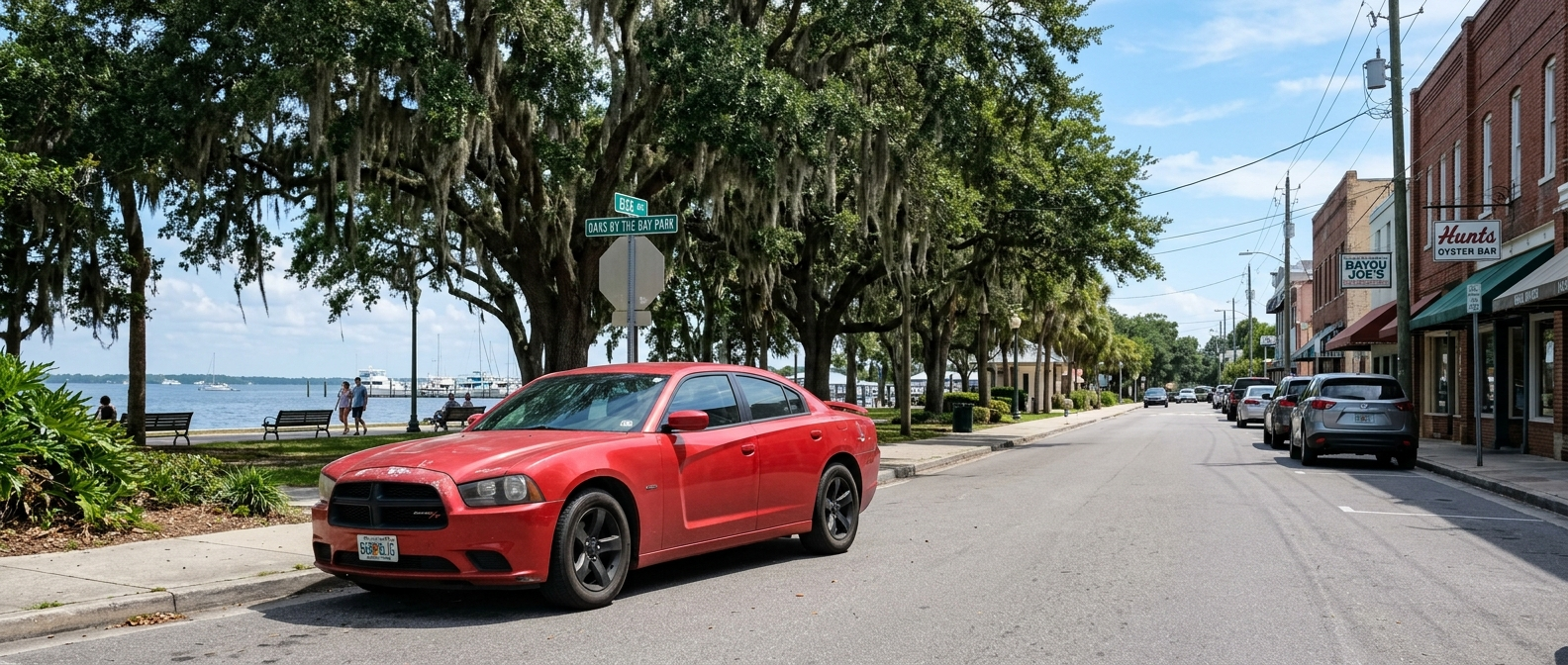 Used Dodge Charger parked near Oaks by the Bay Park in historic St. Andrews, Panama City FL