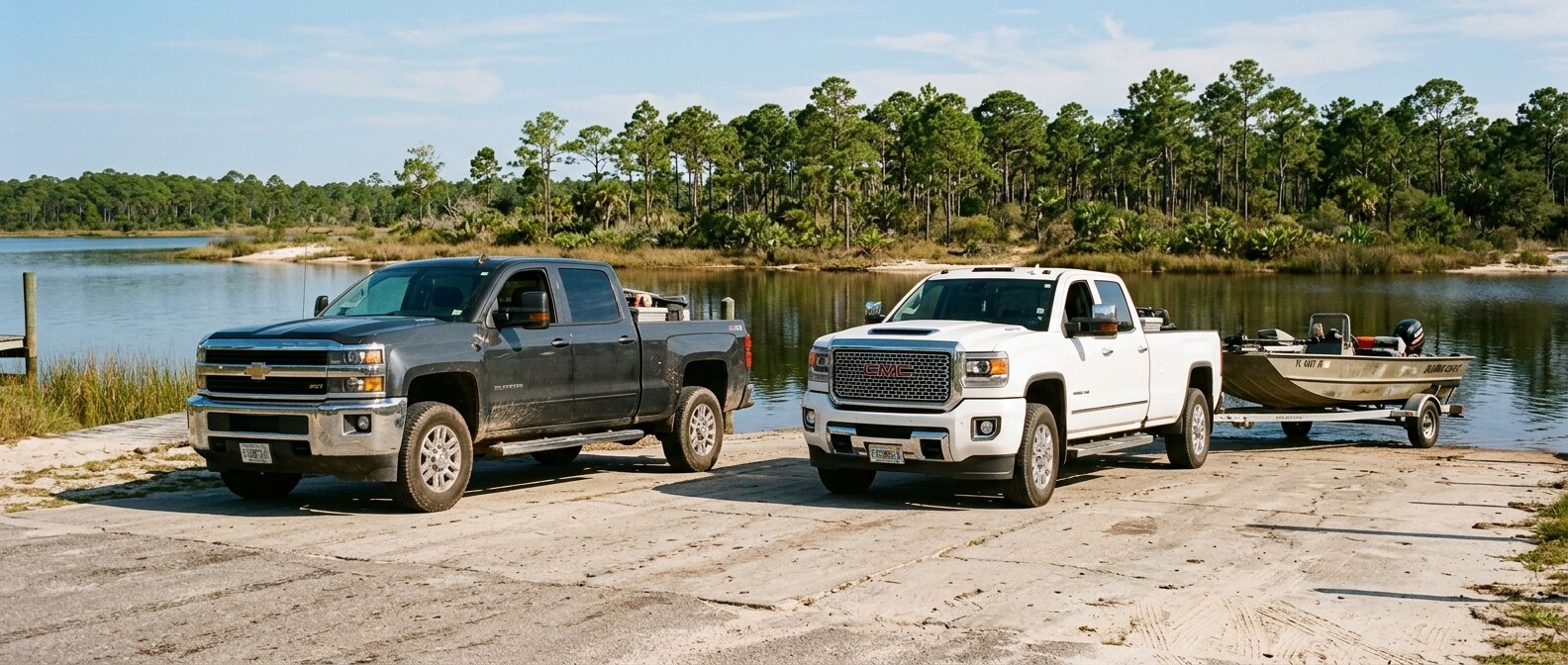 Used Chevrolet Silverado 2500 HD and GMC Sierra 3500 HD parked at a Florida Panhandle boat ramp on a sunny day